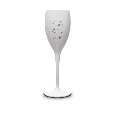 1x Wit Champagneglas 17cl Kunststof met Zilveren Sterretjes