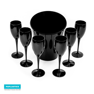 6x Zwarte Plastic Champagneglazen en ijsemmer | Cadeau Set | Mark I